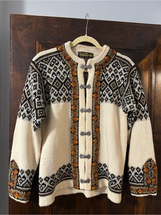 Nordstrikk Sweaters - Norwegian Cream Fair Isle Knit Cardigan with Black and Orange Trim - Vintage